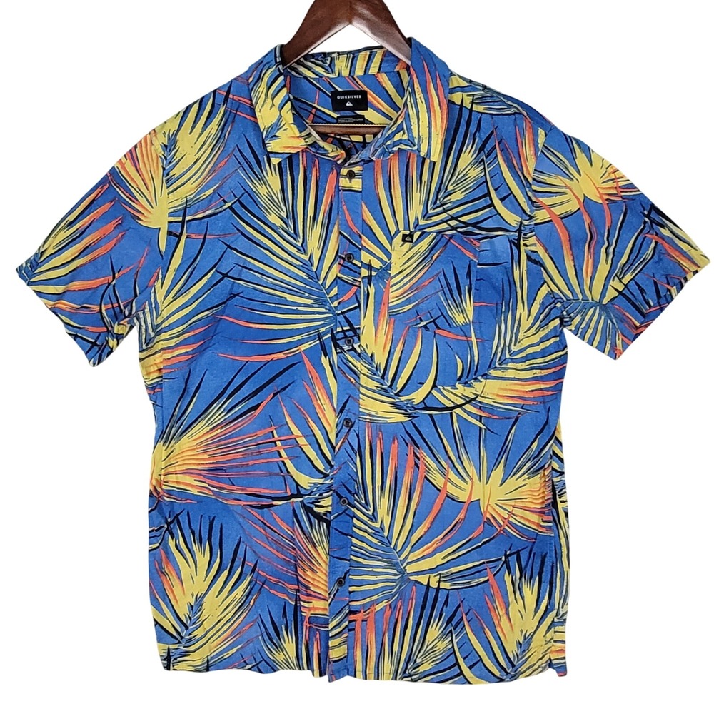 Quiksiver Hawaiian Shirt Men's Large Blue Yellow Floral Leaf Short Sleeve Button